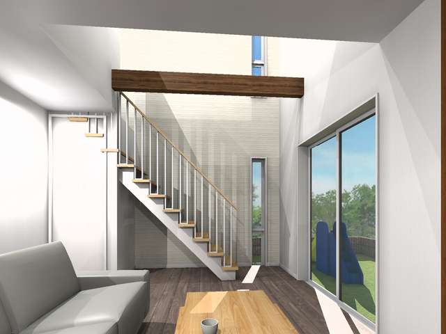 野田市「デザイン階段と吹き抜けのある明るいモダンな家」のメイン画像